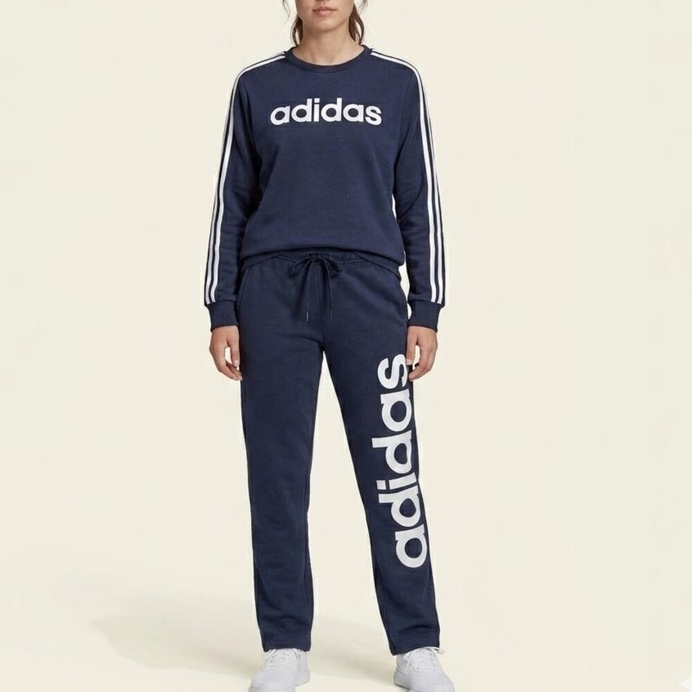 Adidas Spellout Logo 3 Stripe Sweatshirt Sweatpants Set Navy Blue Womens Size L